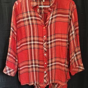 Red Plaid Button-Down Shirt - Women's Casual Top